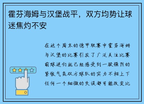 霍芬海姆与汉堡战平，双方均势让球迷焦灼不安
